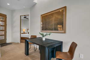 Dining space featuring recessed lighting and a ceiling fan