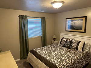 Bedroom featuring carpet floors and a textured ceiling