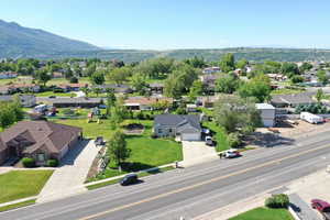 Aerial perspective of suburban area with mountains