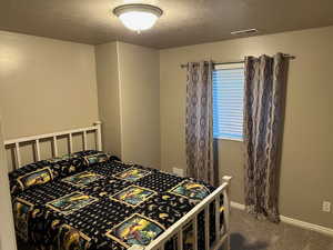Bedroom with carpet floors, a textured ceiling, and baseboards