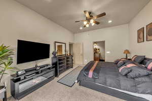 Bedroom featuring carpet flooring, recessed lighting, and ceiling fan