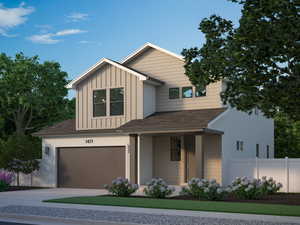 View of front facade featuring concrete driveway, board and batten siding, a garage, and covered porch