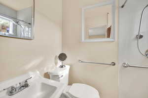 Bathroom featuring toilet, a sink, and a shower