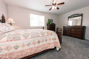 Carpeted bedroom with multiple windows and a ceiling fan