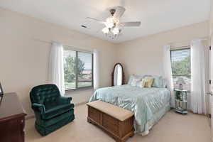 Bedroom with multiple windows, light carpet, and baseboards
