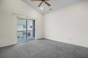 Unfurnished room with carpet flooring, recessed lighting, a ceiling fan, and high vaulted ceiling