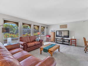 Carpeted living area with a textured ceiling