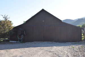 View of pole building featuring a mountain view