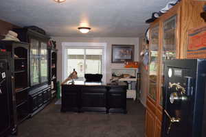 Office area featuring a textured ceiling and dark colored carpet