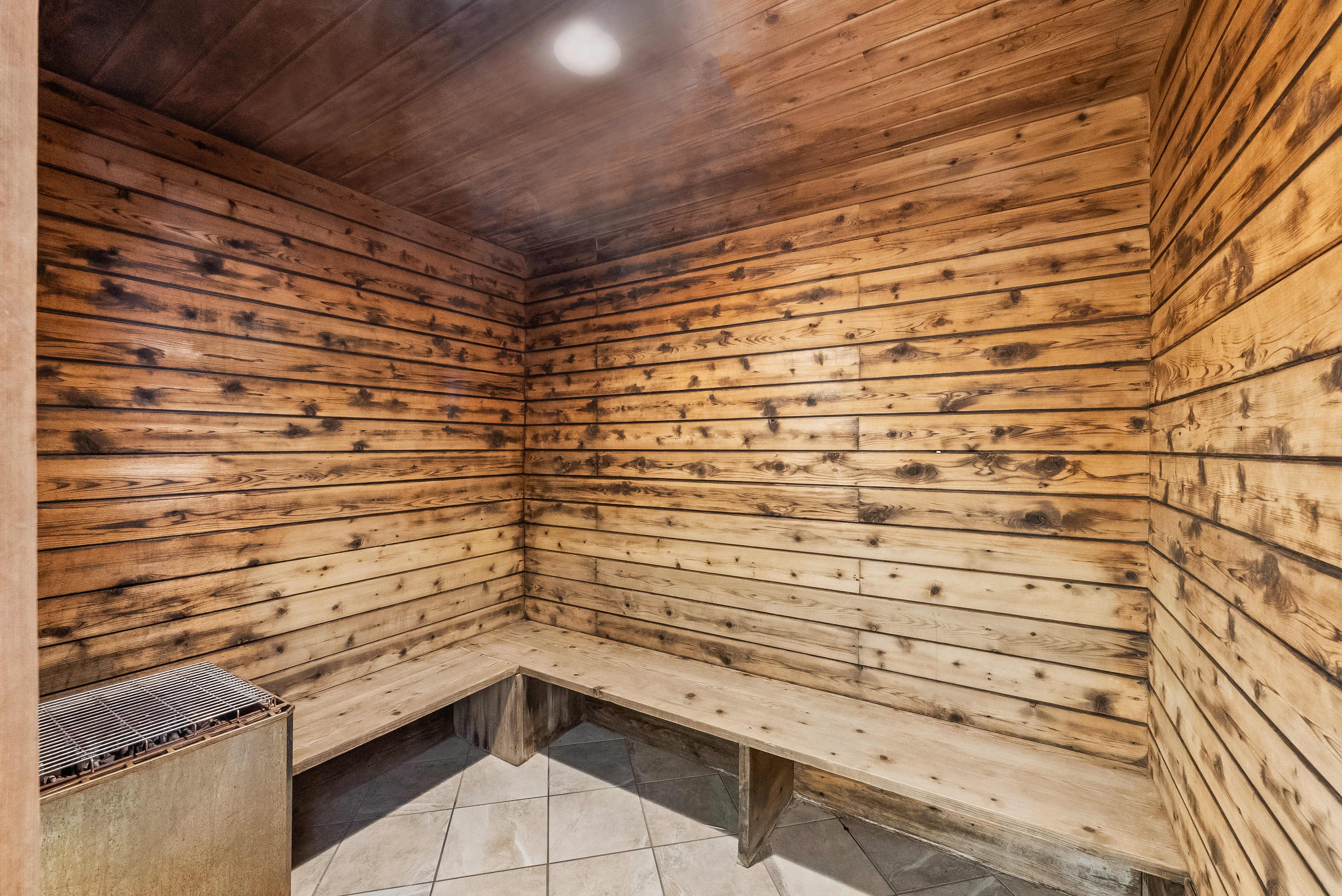 Sauna / steam room featuring tile patterned flooring, wood walls, and wood ceiling