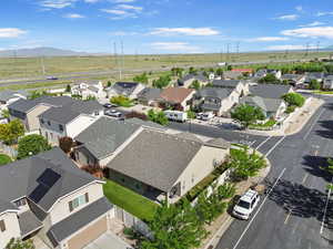 Aerial perspective of suburban area featuring mountains