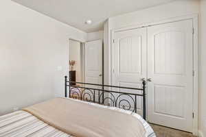Carpeted bedroom featuring a closet