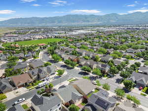 Aerial perspective of suburban area with mountains