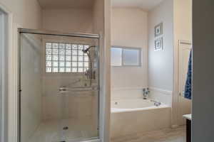 Bathroom with a shower stall, vanity, a garden tub, and plenty of natural light