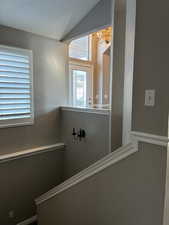 Staircase with a chandelier