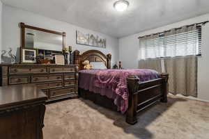 Bedroom featuring light colored carpet and a textured ceiling