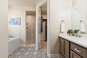 Full bathroom with a stall shower, a bath, vanity, tile patterned floors, and a walk in closet