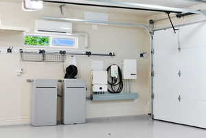 Garage with a wall mounted AC and baseboards