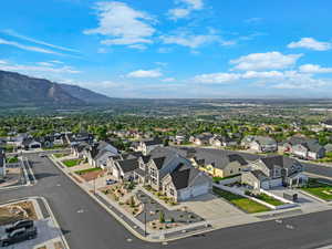 Aerial view of residential area with mountains