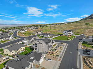 Aerial view of residential area with a mountainous background