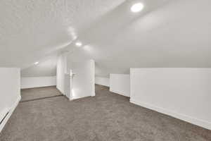 Additional living space featuring carpet, a textured ceiling, vaulted ceiling, a baseboard radiator, and recessed lighting