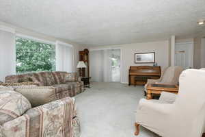 Carpeted living room featuring a textured ceiling