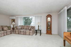Living area featuring an AC wall unit, carpet flooring, and a textured ceiling
