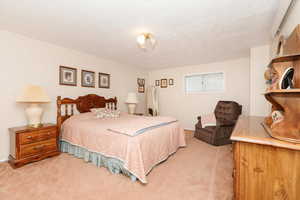 Bedroom featuring light colored carpet and a textured ceiling