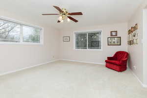 Unfurnished room featuring carpet, ceiling fan, baseboards, and a textured ceiling