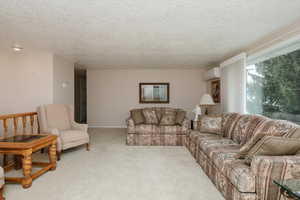 Carpeted living room with a textured ceiling and an AC wall unit
