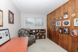 Sitting room featuring wooden walls, carpet floors, and a textured ceiling