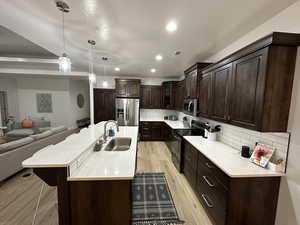 Kitchen with stainless steel appliances, a sink, light wood-style flooring, open floor plan, and backsplash