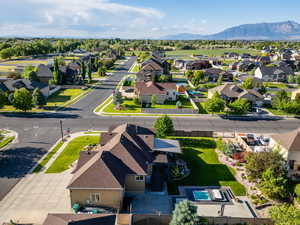 Aerial perspective of suburban area featuring mountains