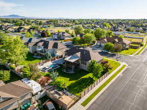 Aerial view of residential area with mountains