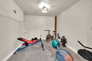 Exercise room featuring baseboards and carpet flooring