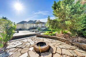 View of patio with a fire pit and a residential view