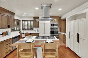 Kitchen featuring built in appliances, a sink, island range hood, tasteful backsplash, and recessed lighting