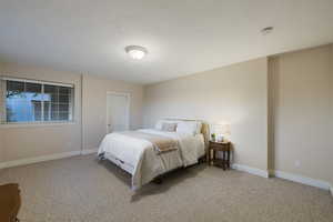 Bedroom featuring carpet flooring, a textured ceiling, and baseboards