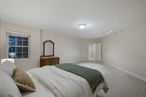 Bedroom with light carpet, baseboards, and track lighting