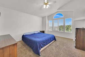 Carpeted bedroom featuring lofted ceiling, ceiling fan, baseboards, and a textured ceiling