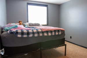 Bedroom with carpet, large closet