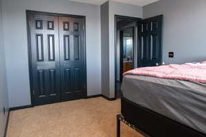 Bedroom featuring light carpet, baseboards, and a closet