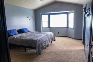 Primary Bedroom with light colored carpet, lofted textured ceiling, and baseboards
