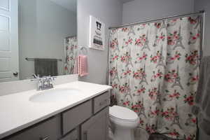 Bathroom with vanity, toilet, and a tub/shower combo
