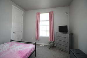 Carpeted bedroom featuring walk in closet