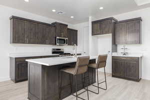 Kitchen with stainless steel appliances, light wood-style floors, baseboards, dark brown cabinets, and recessed lighting