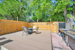Wooden terrace with a fenced backyard and grilling area