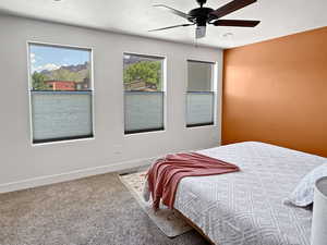 Bedroom featuring carpet flooring, baseboards, and a ceiling fan