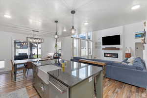 Kitchen featuring a sink, stainless steel dishwasher, a glass covered fireplace, wood finished floors, and recessed lighting