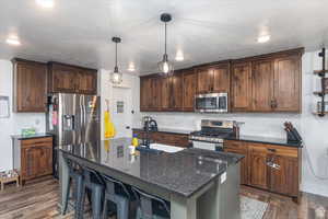 Kitchen featuring stainless steel appliances, a sink, tasteful backsplash, dark wood-type flooring, and dark stone counters